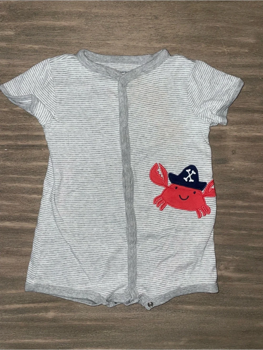 Carter's Gray & White Stripe Short-Sleeve Romper with Red Crab